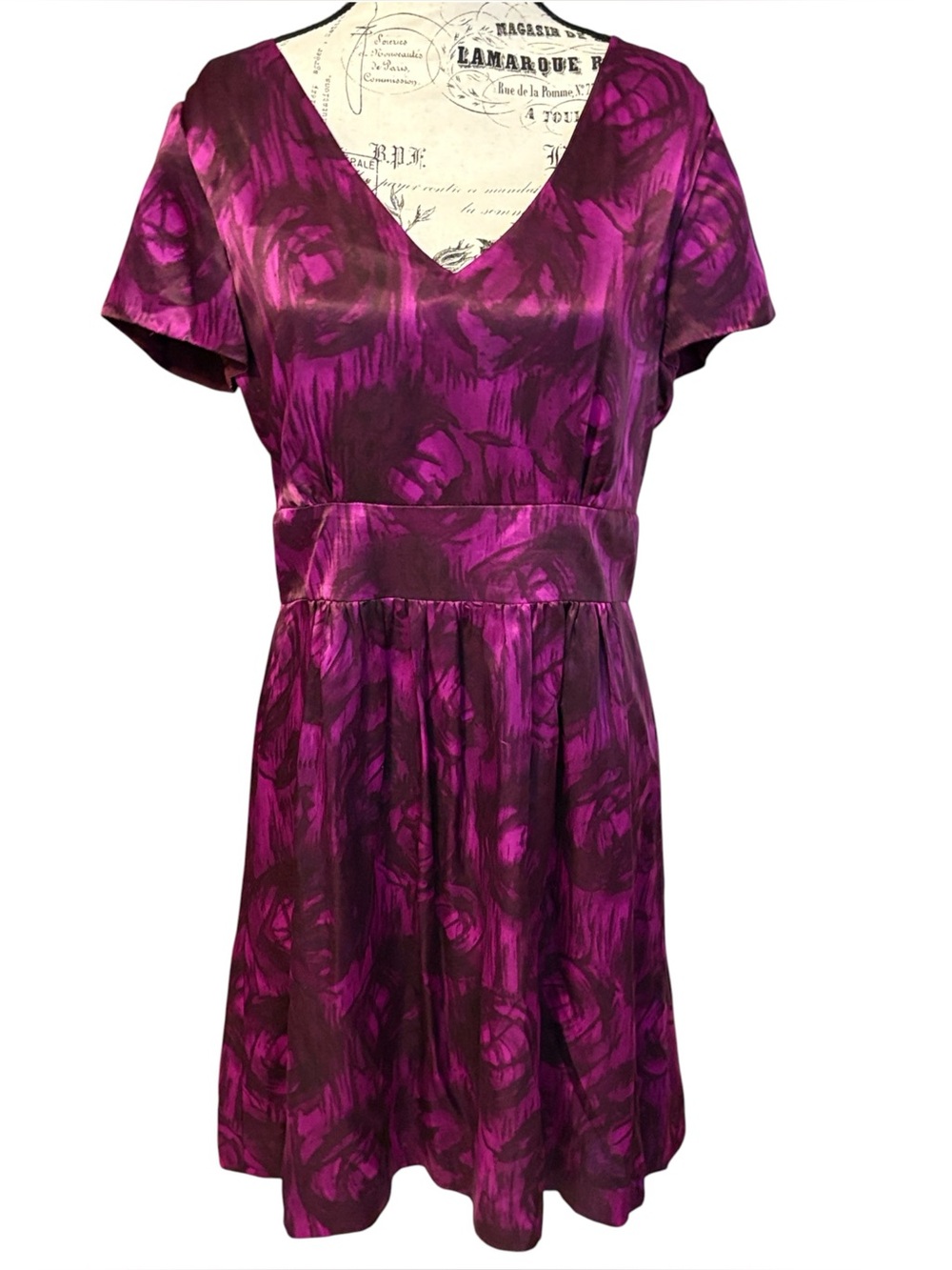 Banana Republic 100% Silk Dress Floral V-Neck Magenta Purple Size 12